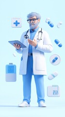A digital illustration of a doctor with a tablet, surrounded by medical icons, representing modern healthcare and technology.