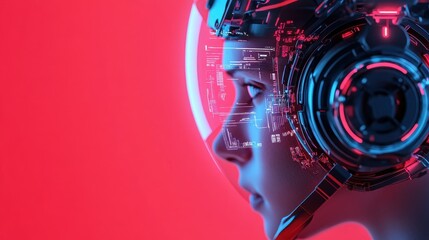 Obraz premium A futuristic portrait of a cyborg with a detailed helmet, set against a vibrant red background, showcasing advanced technology features.