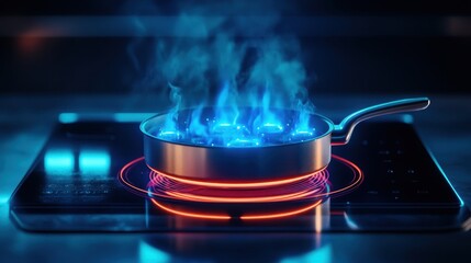 A vibrant image of a pan on an induction cooktop, emitting blue flames and steam, showcasing modern culinary technology.
