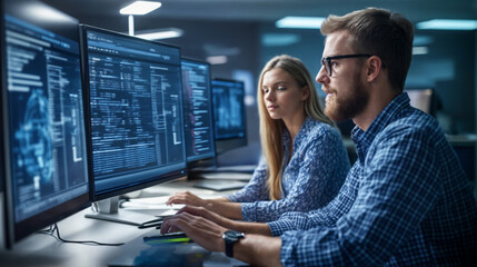 Developers focus on writing code while collaborating in a contemporary office space filled with technology