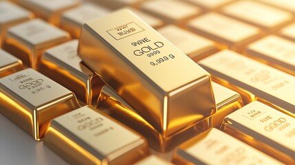 Close-up of multiple gold bars arranged in rows, showcasing wealth and prosperity.