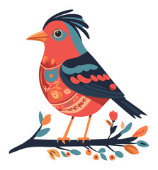 Decorative folk bird on blooming tree branch. Vector isolated illustration