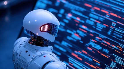 Futuristic robot analyzing data on a digital screen, representing advanced technology and artificial intelligence.