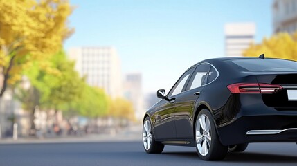 A silver car driving on a city street with trees and buildings in the background.