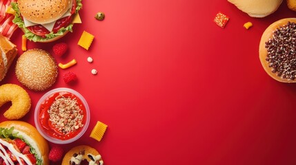 Modern fast food background with copy space, including a variety of fast food items and vibrant colors.
