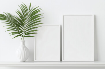 White mock up poster frames on table with decoration of palm leaves in vase