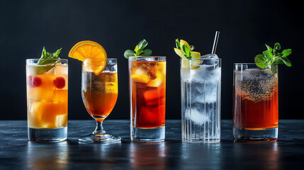 Fototapeta premium A collection of five different cocktails in glasse