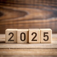 square wood number '2025' on wooden background. generative AI.