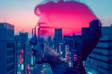 Urban skyline at dusk with vibrant network connections depicting the bustling data driven city life