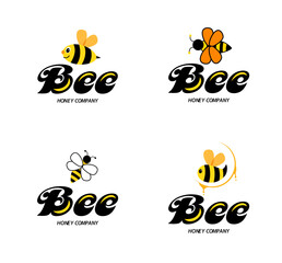 Merry bee. Logo for honey producer company. Cute striped cartoon abstract bee flying. Vector illustration in flat style.