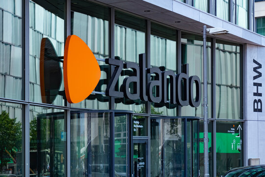 Zalando headquarters, office with iconic orange emblem, delivery shoes, fashionable clothes and cosmetics by mail, storefront, Berlin, Germany - August 15, 2024