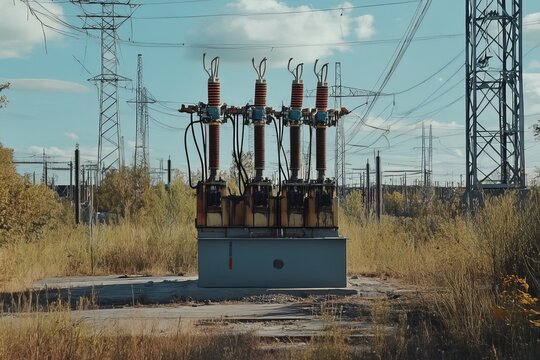 A transformer at an electrical substation. Transmission of electricity.