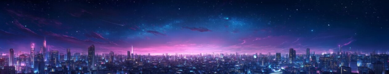 Obraz premium Starry Enchantment: anime-style Cityscape of a Celestial Metropolis at Night, Glimmering Sky-high Buildings in Modern Artistry,Christmas, New Year 2025, holiday marketing creative poster,Anime-Style