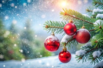 Obraz premium christmas and new year holidays concept. Red balls on fir branches, winter snowy backdrop. festive winter season background. template for design. banner, copy space
