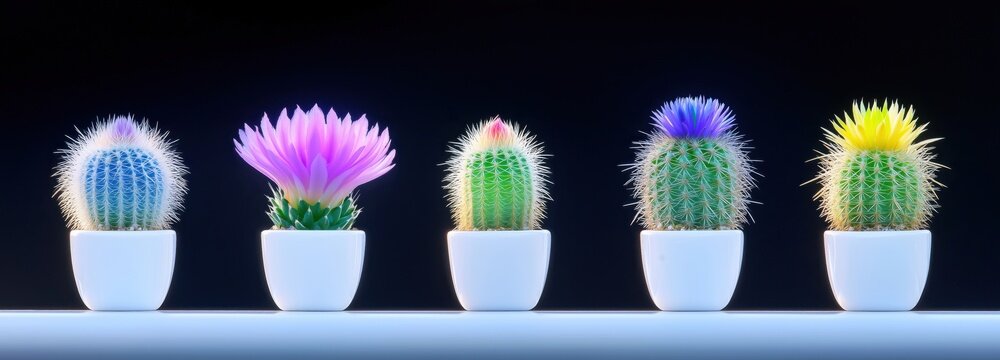 A row of vibrant cacti in white pots, with one displaying a striking purple flower. The prickly cacti stand out against the black background, emphasizing their unique textures.