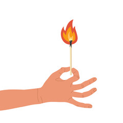 Human hand holding lighted match. Burning match. Wooden match with fire. Lit matchstick burning with fire flame isolated on white background. Vector flat icon