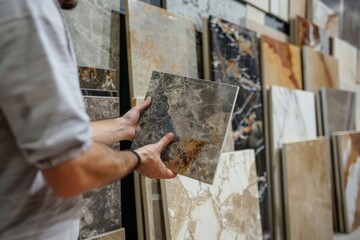 A man and a woman are looking at a tile on a table