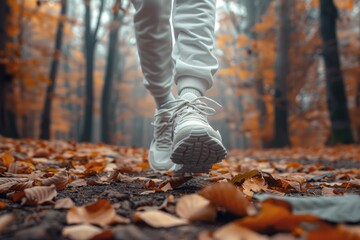 Forest trail with running legs in sweatpants and sneakers, fallen leaves in red and yellow, active sport, autumn background, fitness and health.