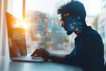 Young tech professional engaged in software development in a modern digital workspace