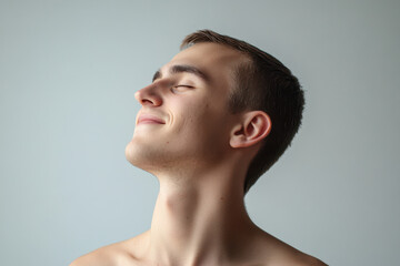 A close up of a man's face with her eyes closed