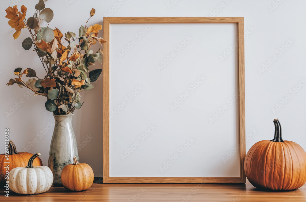 Wall mural wooden mock up poster frame with decorations of pumpkins and fall leaves