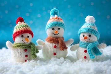 little knitted snowmen on soft snow on blue background