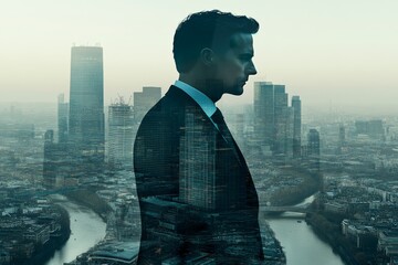 Businessman gazing over a foggy cityscape at dawn contemplating strategies and future business endeavors