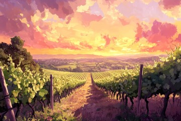 Fototapeta premium Sunset Enchantment in an anime-style Vineyard: A Tranquil Vineyard Landscape for Tasting Events, Vineyard Promotion, and Creative Marketing,Anime-Style,illustration,Picture BooksFor Poster,Novel,UI,WE