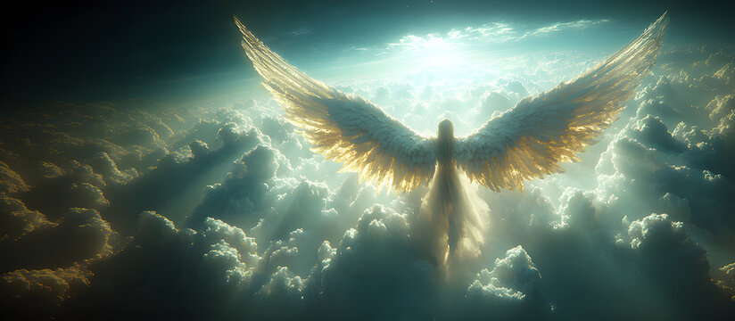 Angel mythology, abstract oil painting of a beautiful, mighty flying angel spreading arms and wings. Dramatic mythology vibe background, clouds and sunrays, representing good and evil.
