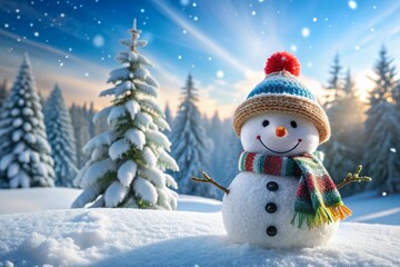 Panoramic view of happy snowman in winter scenery with copy space