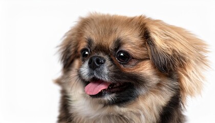 笑顔のペキニーズの子犬のポートレート（Portrait of a smiling Pekingese puppy on white background）
