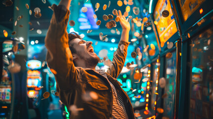 Obraz premium Man celebrating with tokens in vibrant arcade setting.