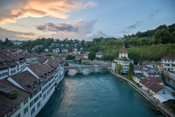Aerial view at sunset of the old town and the river Aar in Bern in Switzerland.