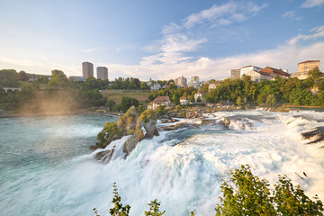 Sunset shot of the Rhine River waterfalls, Switzerland.