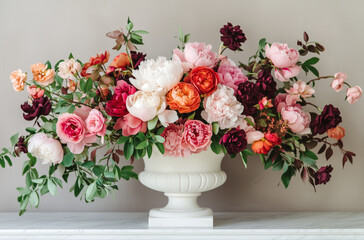Obraz premium Luxurious floral arrangement of pink, white and burgundy flowers in a vintage vase