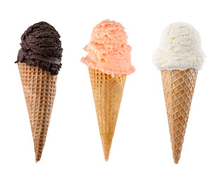 chocolate, vanilla and  pink ice cream with cone isolated on white white background