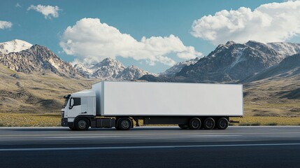 White delivery truck driving on a scenic road with mountains in the background