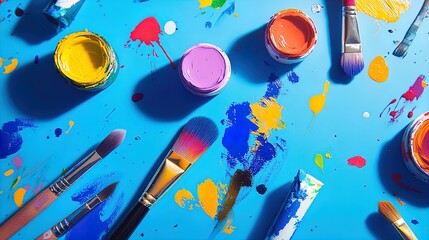 Vibrant Art Supplies: Paints and Brushes in a Striking Blue Background - Perfect for a Dynamic Studio Poster or Creative Space Décor!