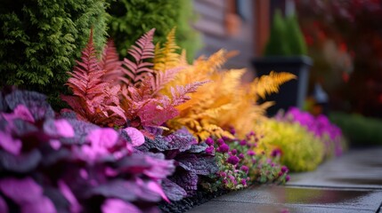 Landscape gardening, vibrant designs, dynamic planting, outdoor beauty