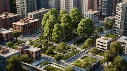 A 3D-rendered scene of a miniature tree model set in the center 
