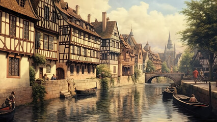 Naklejka premium Strasbourg - historic town, canal, river, boats, bridge, architecture, old buildings, medieval, houses, waterway, European town, scenic view