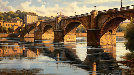 Fototapeta premium Toulouse - bridge, river, reflection, architecture, stone bridge, water, cityscape, old bridge, urban scene, historic, scenic, morning light, buildings, arch