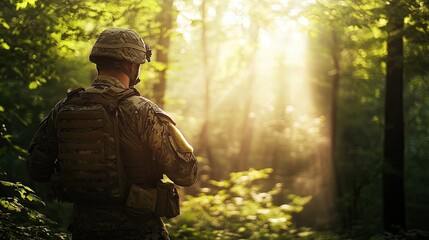 Obraz premium Serene Soldier in Camouflage: A Captivating Poster for Sports Interiors, Showcasing Focus and Nature's Beauty with Sunlight Filtering Through Lush Green Forest Trees