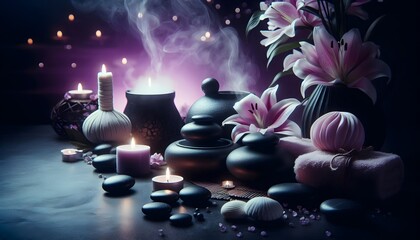 Serene Spa Ambiance: Super Realistic Photograph with White and Bisque Tones, Gentle Steam, and Meditative Atmosphere