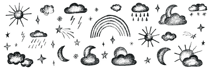 Chalk kid cloud weather symbols set. Vector stock illustration isolated on white background for design template travel blog, meteorology forecast. Kit textural crayon hand drawing symbols. © l.v.l