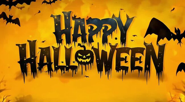 Halloween-themed yellow background with the phrase Happy Halloween written in a spooky font, bats flying around and boney hands reaching out.