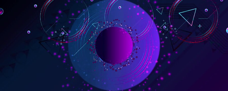 Dark retro futuristic cyberpunk elements abstraction background cosmos synthwave vaporwave retrowave glitch circle with blue and pink glows