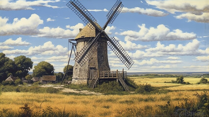Fototapeta premium Windmill - windmill, countryside, field, sky, clouds, nature, landscape, building, rustic, rural, agriculture, wind, outdoors, summer, grass, traditional