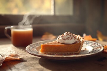 Pumpkin Pie Slice with Autumn Leaves and Tea