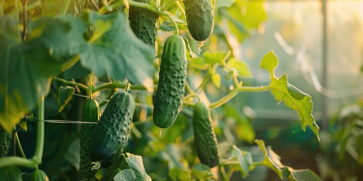 Ripe cucumbers cultivated on a vine in a greenhouse